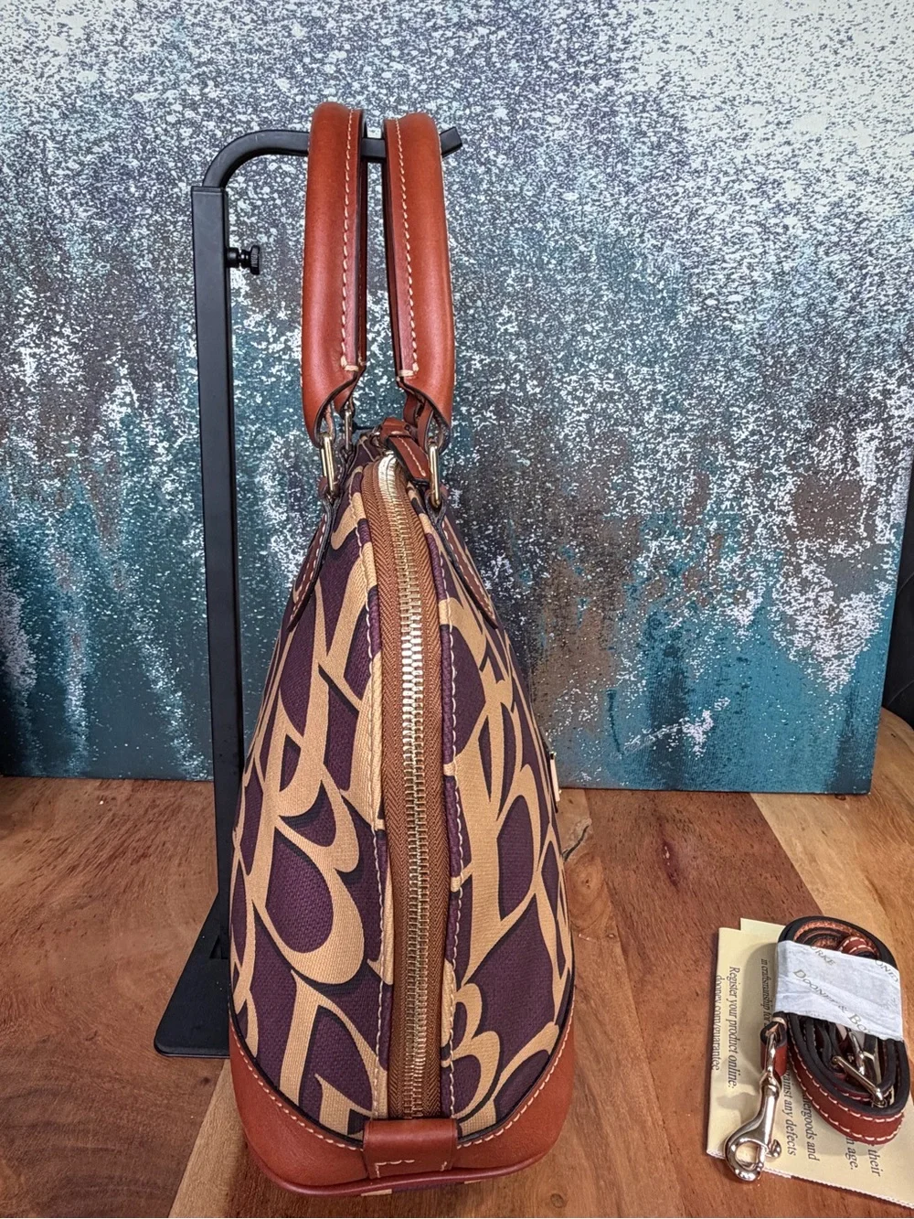 Dooney & Bourke Preppy Plum & British Tan DB Monogram Domed Satchel‎ NWT